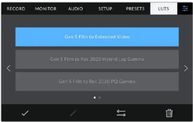 RECORD MONITOR AUDIO SETUP PRESETS LUTS Gen 5 Film to Extended Video Gen 5 Film to Rec 2020 Hybrid Log Gamma Gen 5 Film to Rec 2020 PQ Gamma