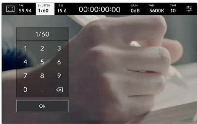 FPS 59.94 SHUTTER IRIIS 00:00:00:00 GAIN WD TINT 1/60 f5.6 0dB 5600K 10 1/60 1 2 3 4 5 6 7 8 9 0 . Ok