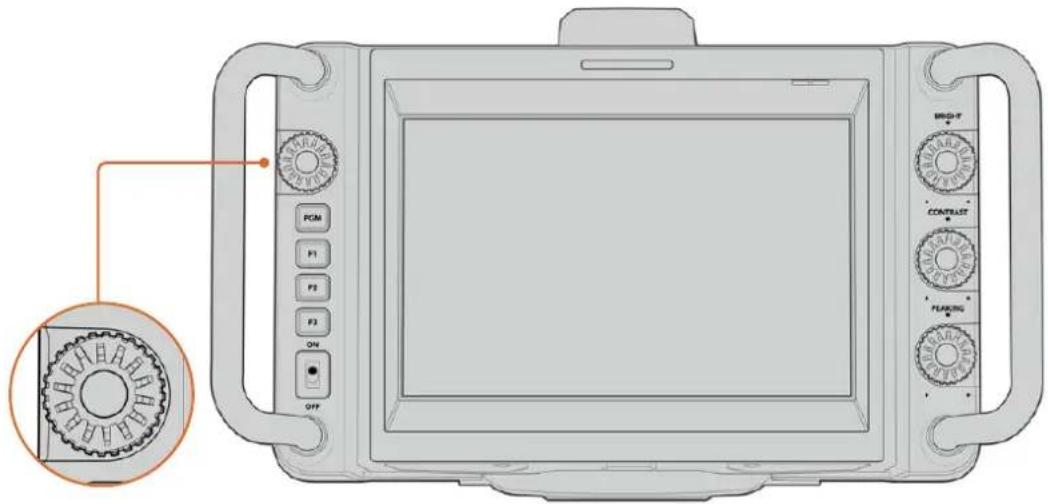 Diagram of a vintage camera with labeled control knobs and a gear mechanism diagram pointing to the left side.