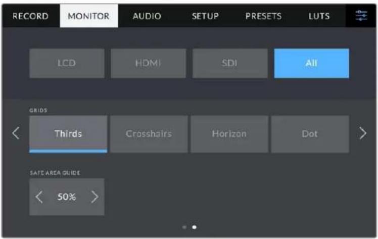 RECORD MONITOR AUDIO SETUP PRESETS LUTS LCD HDMI SDI All GRIDS Thirds Crosshairs Horizon Dot SAFE AREA GUIDE < 50% >
