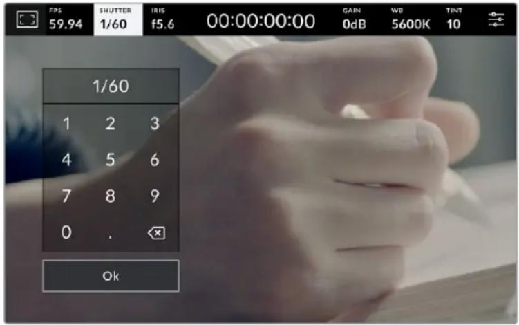 FPS SHUTTER IRIS 00:00:00:00 GAIN WB TINT 59.94 1/60 f5.6 0dB 5600K 10 1/60 1 2 3 4 5 6 7 8 9 0 . Ok