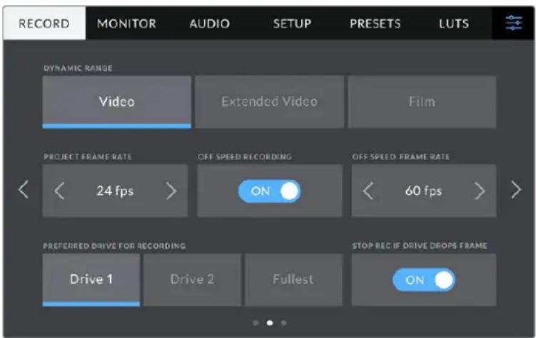 RECORD MONITOR AUDIO SETUP PRESETS LUTS DYNAMIC RANGE Video Extended Video Film PROJECT FRAME RATE OFF SPEED RECORDING OFF SPEED FRAME RATE 24 fps ON 60 fps > PREFERRED DRIVE FOR RECORDING STOP REC IF DRIVE DROPS FRAME Drive 1 Drive 2 Fullest ON