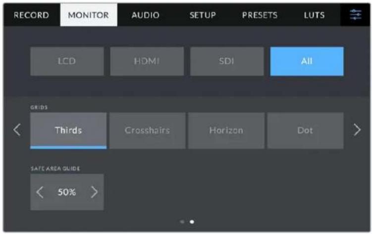 RECORD MONITOR AUDIO SETUP PRESETS LUTS LCD HDMI SDI All GRIDS Thirds Crosshairs Horizon Dot SAFE AREA GUIDE < 50% >