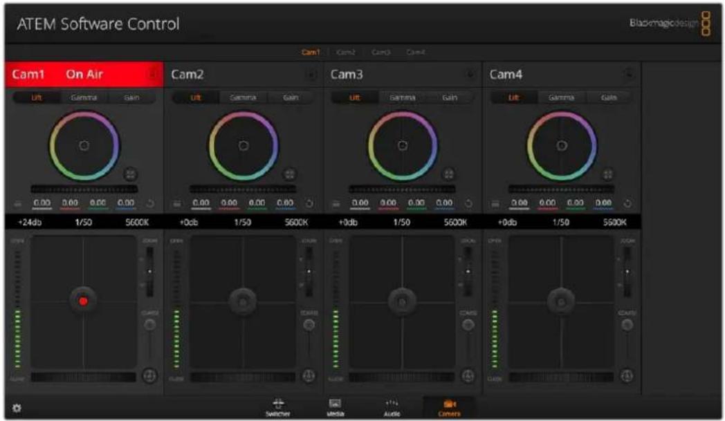 ATEM Software Control Blackmagic design Cam1 On Air Cam2 Cam3 Cam4 Utt Gamma Gain Utt Gamma Gain Utt Gamma Gain Utt Gamma Gain +24db 1/50 5600K +0db 1/50 5600K +0db 1/50 5600K +0db 1/50 5600K Switcher Media Audio Camera