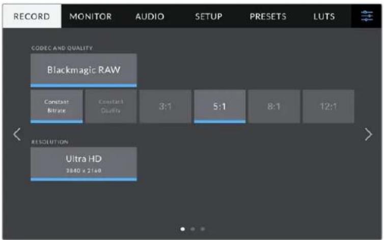 RECORD MONITOR AUDIO SETUP PRESETS LUTS CODEC AND QUALITY Blackmagic RAW Constant Bitrate Constant Quality 3:1 5:1 8:1 12:1 RESOLUTION Ultra HD 2840 x 2140