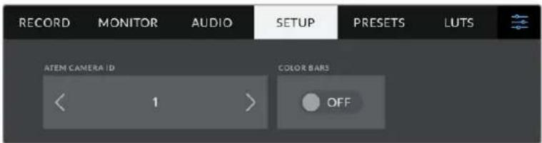 RECORD MONITOR AUDIO SETUP PRESETS LUTS ATEM CAMERA ID COLOR BARS < 1 > OFF