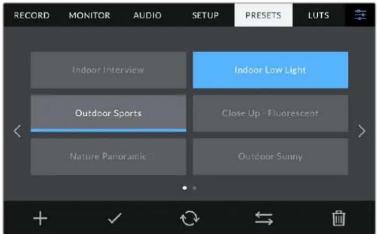 RECORD MONITOR AUDIO SETUP PRESETS LUTS Indoor Interview Indoor Low Light Outdoor Sports Close Up - Fluorescent Nature Panoramic Outdoor Sunny