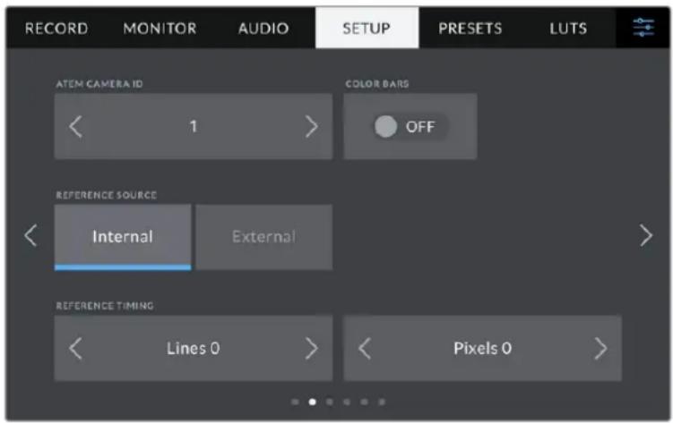 RECORD MONITOR AUDIO SETUP PRESETS LUTS ATEM CAMERA ID < 1 > COLOR BARS OFF REFERENCE SOURCE < Internal External > REFERENCE TIMING < Lines 0 > < Pixels 0 >