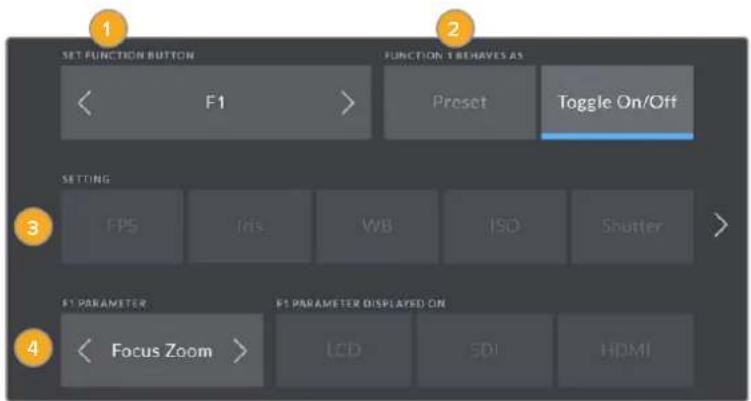 1 SET FUNCTION BUTTON F1 FUNCTION TRENAVES AS Preset Toggle On/Off 2 3 SETTING FPS Iris WB ISO Shutter F1 PARAMETER Focus Zoom F1 PARAMETER DISPLAYED ON LCD SDI HDMI