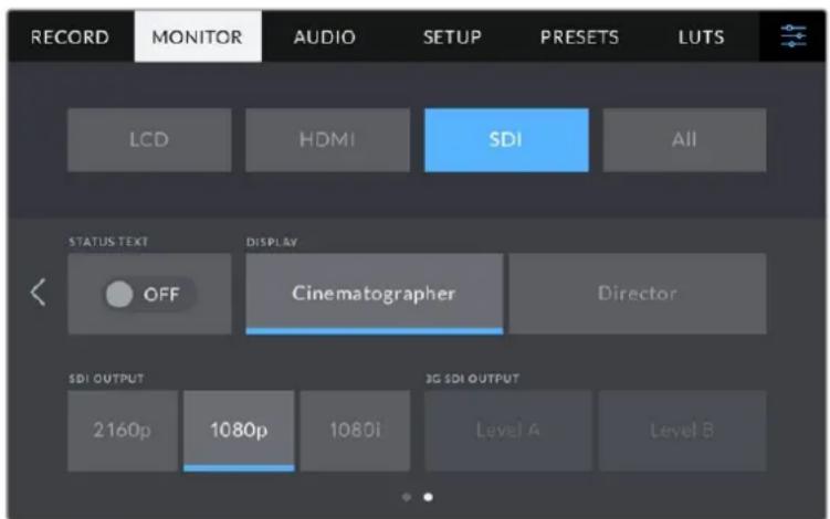 RECORD MONITOR AUDIO SETUP PRESETS LUTS LCD HDMI SDI All STATUS TEXT DISPLAY OFF Cinematographer Director SDI OUTPUT 2160p 1080p 1080i 3G SDI OUTPUT Level A Level B