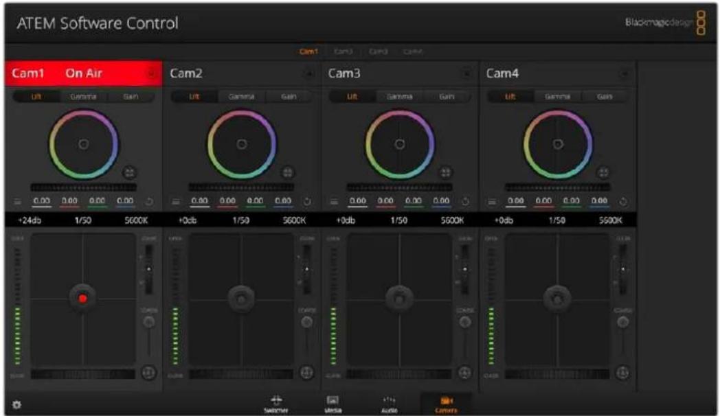 ATEM Software Control Blackmagic design Cam1 On Air Cam2 Cam3 Cam4 Lift Gamma Gain Lift Gamma Gain Lift Gamma Gain Lift Gamma Gain +24db 1/50 5600K +0db 1/50 5600K +0db 1/50 5600K +0db 1/50 5600K Switcher Media Audio Camera