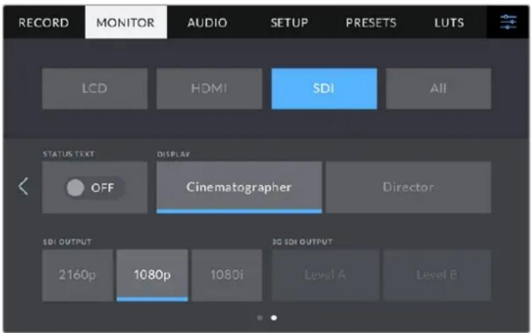 RECORD MONITOR AUDIO SETUP PRESETS LUTS LCD HDMI SDI All STATUS TEXT DISPLAY OFF Cinematographer Director SDI OUTPUT 2160p 1080p 1080i 3G SDI OUTPUT Level A Level B