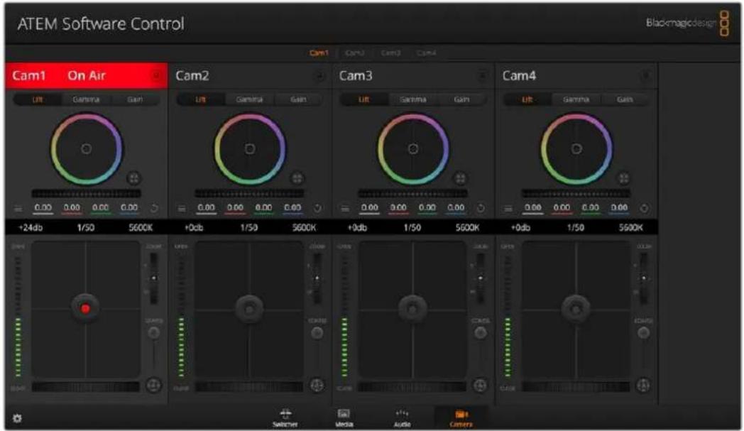 ATEM Software Control Blackmagic design Cam1 On Air Cam2 Cam3 Cam4 Lift Gamma Gain Lift Gamma Gain Lift Gamma Gain Lift Gamma Gain +24db 1/50 5600K +0db 1/50 5600K +0db 1/50 5600K +0db 1/50 5600K Switcher Media Audio Camera