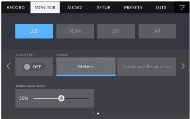 RECORD MONITOR AUDIO SETUP PRESETS LUTS LCD HDMI SDI All STATUS TEXT DISPLAY OFF Meters Codec and Resolution SCREEN BRIGHTNESS 50%