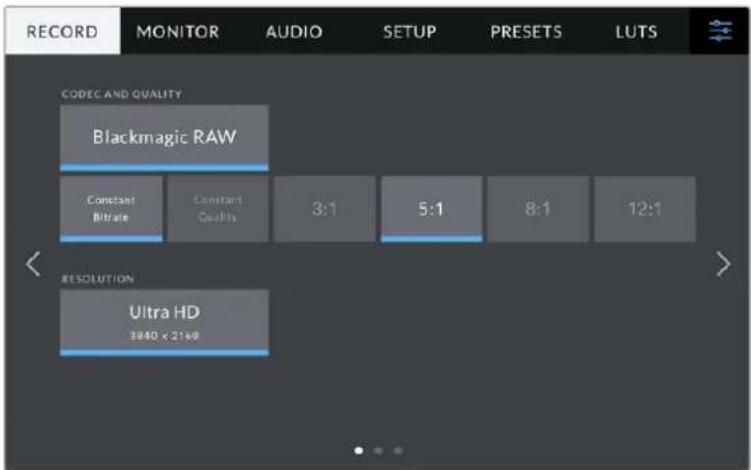 RECORD MONITOR AUDIO SETUP PRESETS LUTS CODEC AND QUALITY Blackmagic RAW Constant Bitrate Constant Quality 3:1 5:1 8:1 12:1 RESOLUTION Ultra HD 3940 x 2168