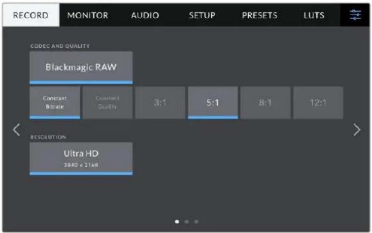 RECORD MONITOR AUDIO SETUP PRESETS LUTS CODEC AND QUALITY Blackmagic RAW Constant Bitrate Constant Quality 3:1 5:1 8:1 12:1 RESOLUTION Ultra HD 2840 x 2169