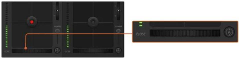 Diagram showing audio workstation interface with labeled buttons and a close button, alongside a zoomed-in view of the device.