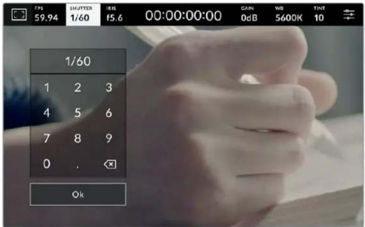 FPS 59.94 SHUTTER 1/60 IRIS f5.6 00:00:00:00 GAIN 0dB WB 5600K TINT 1/60 1 2 3 4 5 6 7 8 9 0 . Ok