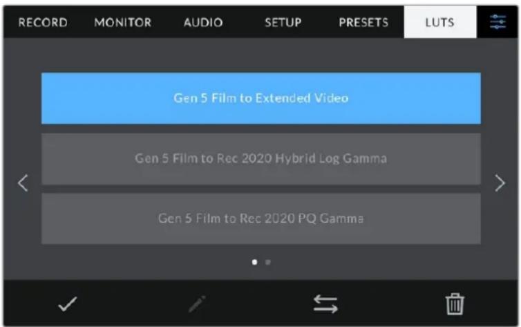 RECORD MONITOR AUDIO SETUP PRESETS LUTS Gen 5 Film to Extended Video Gen 5 Film to Rec 2020 Hybrid Log Gamma Gen 5 Film to Rec 2020 PQ Gamma
