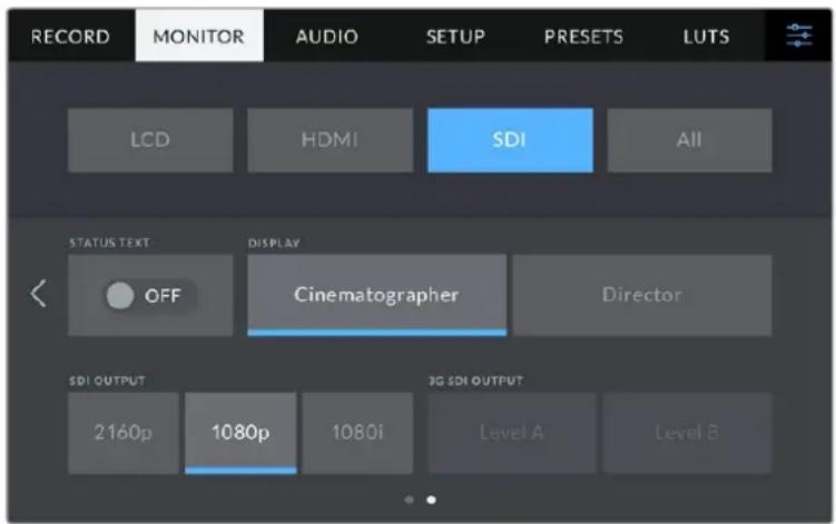 RECORD MONITOR AUDIO SETUP PRESETS LUTS LCD HDMI SDI All STATUS TEXT DISPLAY OFF Cinematographer Director SDI OUTPUT 2160p 1080p 1080i 3G SDI OUTPUT Level A Level B