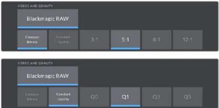 CODEC AND QUALITY Blackmagic RAW Constant Bitrate Constant Quality 3:1 5:1 8:1 12:1 CODEC AND QUALITY Blackmagic RAW Constant Bitrate Constant Quality Q0 Q1 Q3 Q5