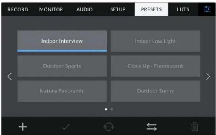 RECORD MONITOR AUDIO SETUP PRESETS LUTS Indoor Interview Indoor Low Light Outdoor Sports Close Up - Fluorescent Nature Panoramic Outdoor Sunny