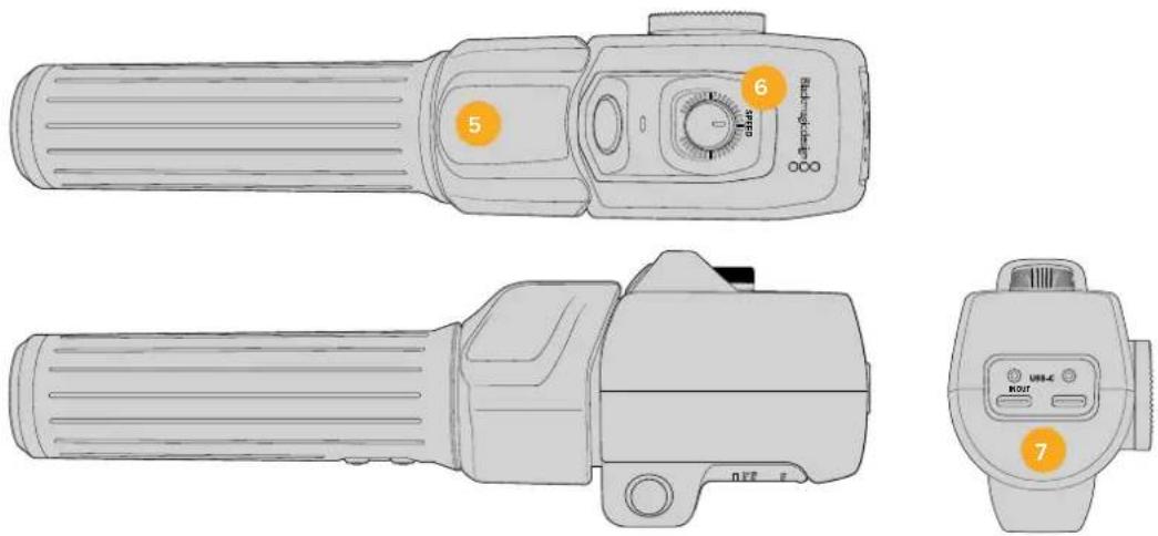 Technical diagram of a handheld device with labeled parts and control buttons