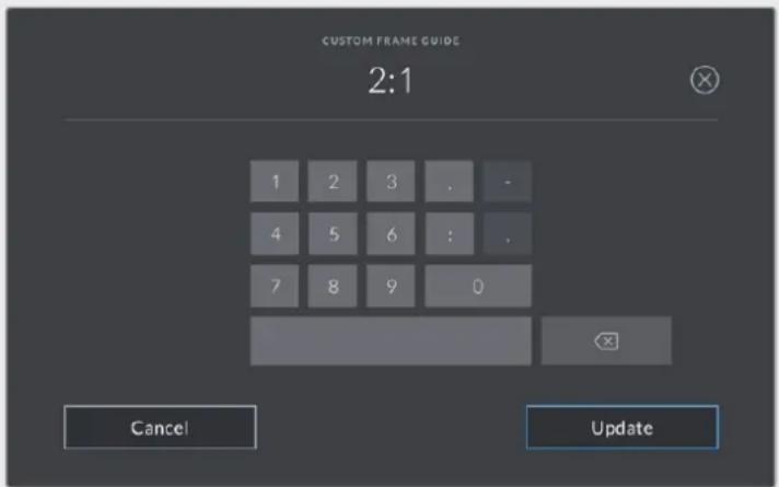 CUSTOM FRAME GUIDE 2:1 1 2 3 . - 4 5 6 : . 7 8 9 0 Cancel Update
