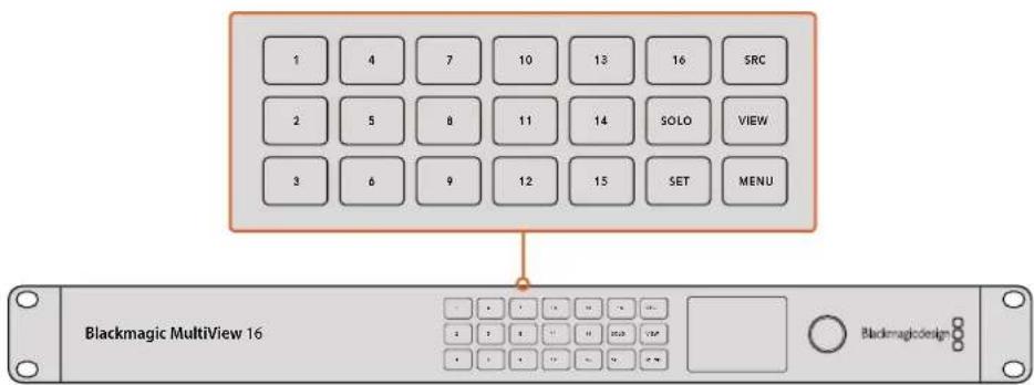 1 4 7 10 13 16 SRC 2 5 8 11 14 SOLO VIEW 3 6 9 12 15 SET MENU Blackmagic MultiView 16 Blackmagicdesign