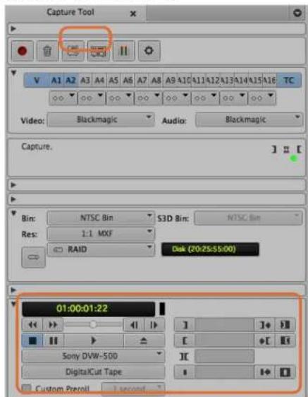 Capture Tool V A1 A2 A3 A4 A5 A6 A7 A8 A9 A10 A11 A12 A13 A14 A15 A16 TC Video: Blackmagic Audio: Blackmagic Capture. Bin: NTSC Bin S3D Bin: NTSC Bin Res: 1:1 MXF RAID Disk (20:25:55:00) 01:00:01:22 Sony DVW-500 DigitalCut Tape Custom Preview second