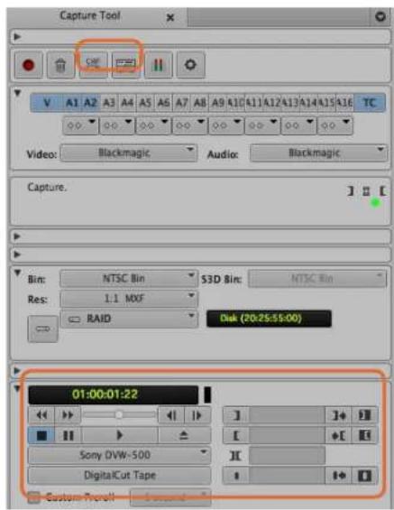 Capture Tool V A1 A2 A3 A4 A5 A6 A7 A8 A9 A10 A11 A12 A13 A14 A15 A16 TC Video: Blackmagic Audio: Blackmagic Capture. Bin: NTSC Bin S3D Bin: NTSC Bin Res: 1.1 MOF RAID Disk (20:25:55:00) 01:00:01:22 Sony DVW-500 DigitalCut Tape Custom Recruit Forward