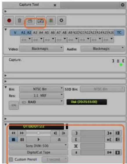 Capture Tool V A1 A2 A3 A4 A5 A6 A7 A8 A9 A10 A11 A12 A13 A14 A15 A16 TC Video: Blackmagic Audio: Blackmagic Capture. Bin: NTSC Bin S3D Bin: NTSC Bin Res: 1:1 MOV RAID Disk (20:25:55:00) UT00:UT22 Sony DVW-500 DigitalCut Tape Custom Preroll 1 second