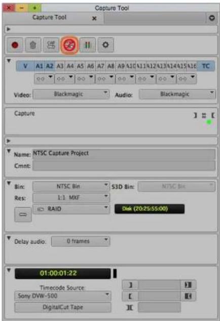 Capture Tool Capture Tool V A1 A2 A3 A4 A5 A6 A7 A8 A9 A10 A11 A12 A13 A14 A15 A16 TC Video: Blackmagic Audio: Blackmagic Capture Name: NTSC Capture Project Cmnt: Bin: NTSC Bin S3D Bin: NTSC Bin Res: 1:1 MXF RAID Disk (20:25:55:00) Delay audio: 0 frames 01:00:01:22 Timecode Source Sony DVW-500 DigitalCut Tape