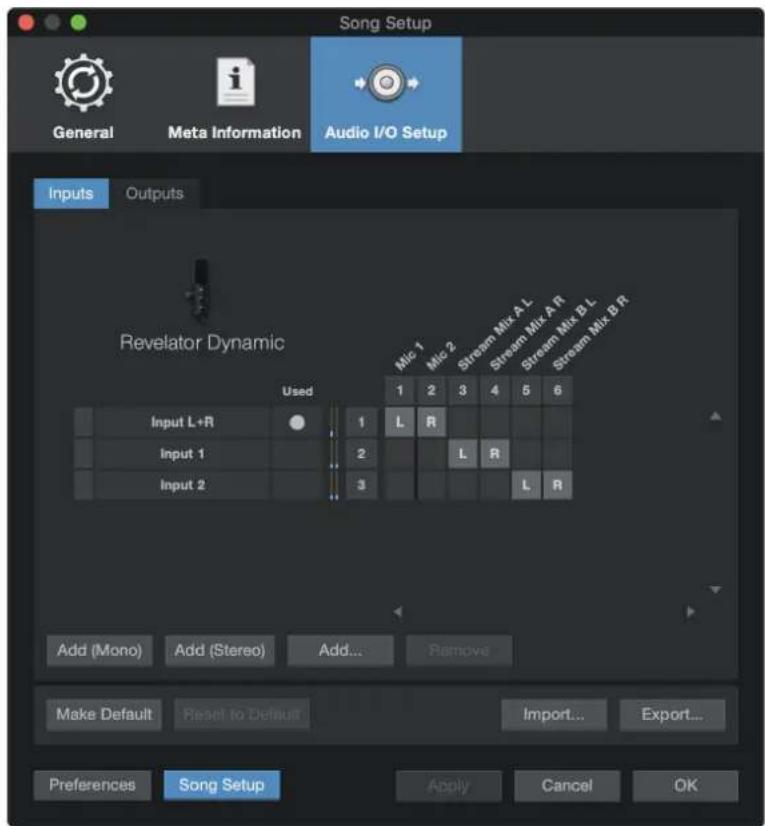 Song Setup General Meta Information Audio I/O Setup Inputs Outputs Revelator Dynamic Used MIC 1 Mic 2 Stream Mix A L Stream Mix A R Stream Mix B L Stream Mix B R 1 2 3 4 5 6 Input L+R 1 L R Input 1 2 L R Input 2 3 L R Add (Mono) Add (Stereo) Add... Remove Make Default Reset to Default Import... Export... Preferences Song Setup Apply Cancel OK