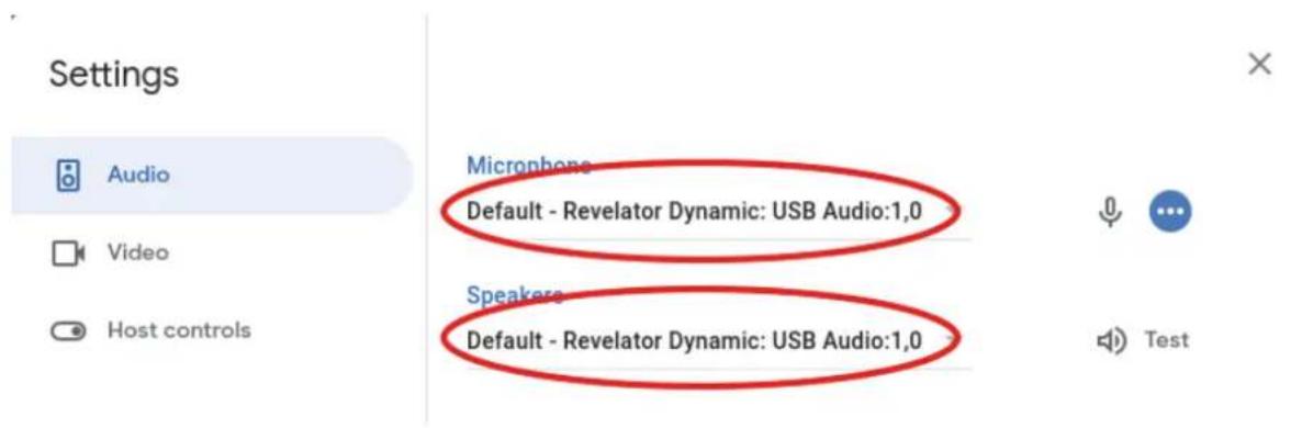 Settings Audio Video Host controls Microphone Default - Revelator Dynamic: USB Audio:1,0 Speakers Default - Revelator Dynamic: USB Audio:1,0 Test
