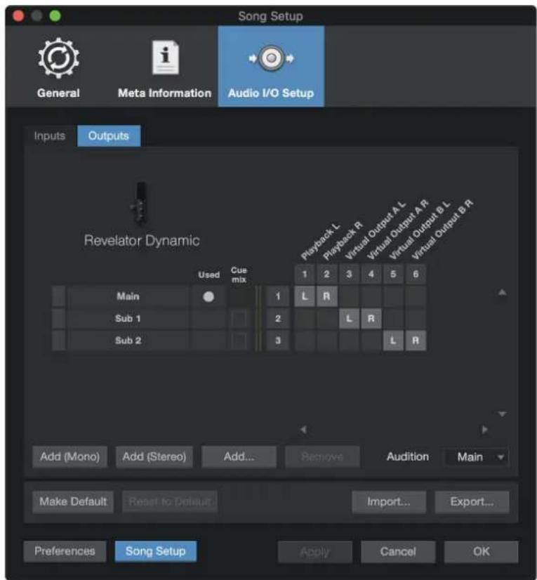 Song Setup General Meta Information Audio I/O Setup Inputs Outputs Revelator Dynamic Used Cue mix Playback L Playback R Virtual Output A L Virtual Output A R Virtual Output B L Virtual Output B R 1 2 3 4 5 6 1 L R Sub 1 2 L R Sub 2 3 L R Add (Mono) Add (Stereo) Add... Remove Audition Main Make Default Reset to Default Import... Export... Preferences Song Setup Apply Cancel OK