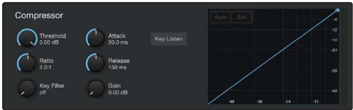 Compressor Threshold 0.00 dB Attack 20.0 ms Ratio 2.0:1 Release 150 ms Key Filter off Gain 0.00 dB Key Listen Auto Soft