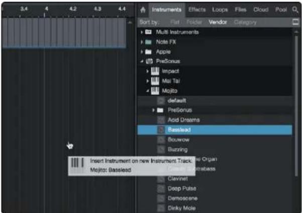 Instruments Effects Loops Files Cloud Pool Sort by: Multi Instruments Note FX Apple PreSonus Impact Mai Tai Mojito default PreSonus Acid Dreams Basslead Bouwrow Burning Insert Instrument on new Instrument Track, the Organ Mojito: Basslead
