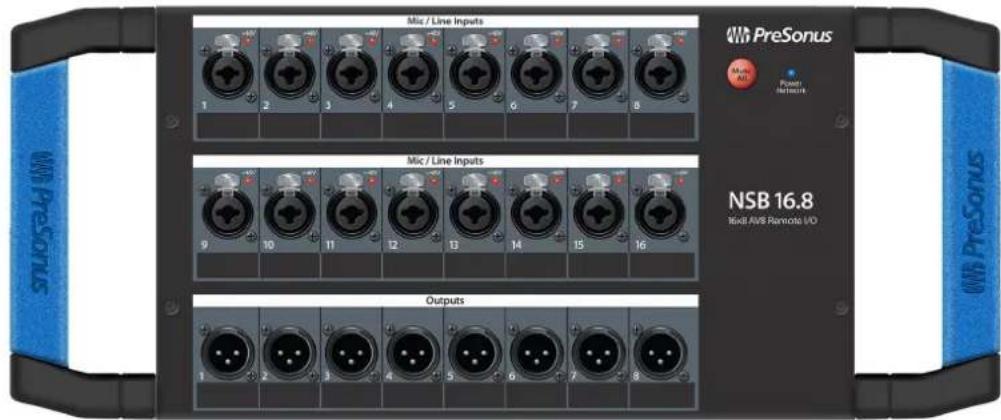 PreSonus Multi-Alt Power Network NSB 16.8 NixBI AVB Remote I/O MIR PreSonus Miz / Line Inputs 1 2 3 4 5 6 7 8 Mic / Line Inputs 9 10 11 12 13 14 15 16 Outputs 1 2 3 4 5 6 7 8
