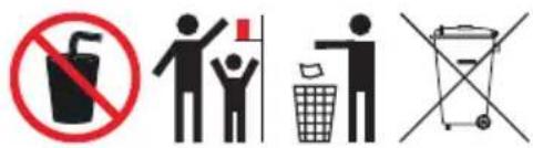 Prohibition symbols including a drink stop, trash bin, and waste sorting mechanism