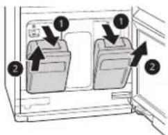 Diagram of a refrigerator interior with labeled compartments and directional arrows indicating parts of the cabinet.