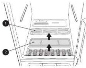 Diagram of a refrigerator interior with labeled compartments and directional arrows indicating movement or flow.