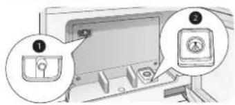 Diagram showing two labeled buttons (1 and 2) pointing to a device interface with icons and labels.