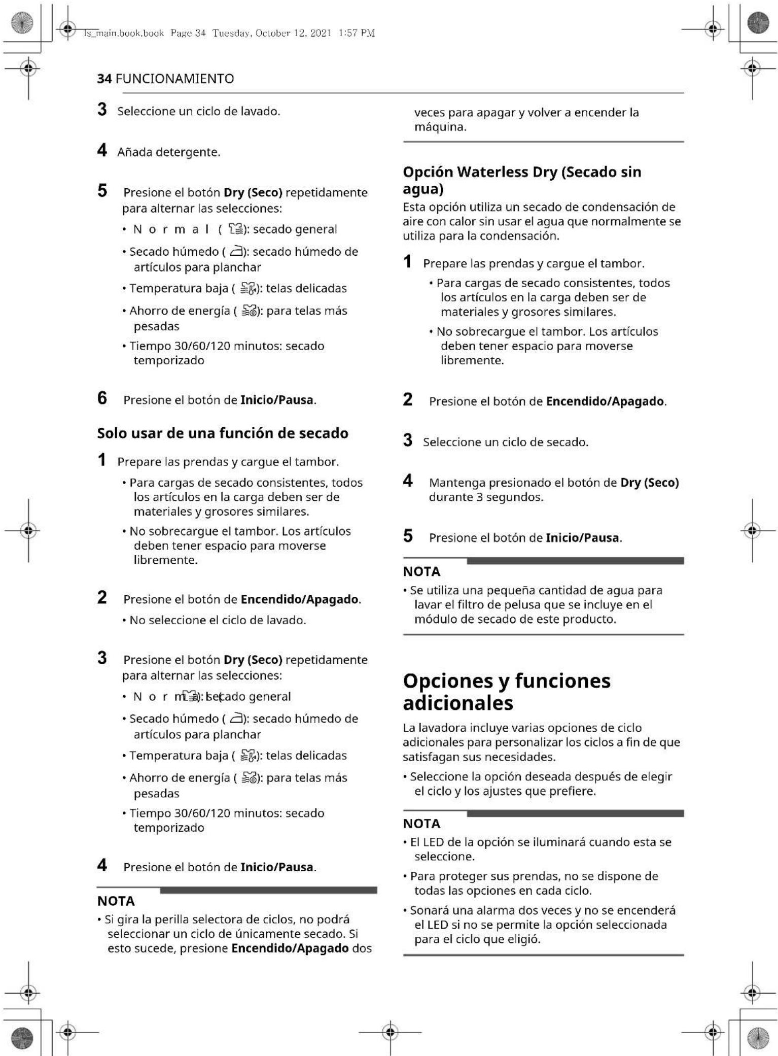 LG WM3555HWA - Usar una funciona de lavado y secado - 3