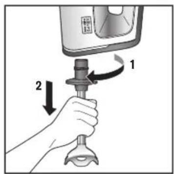 Diagram showing a hand holding a tool with two labeled arrows indicating process steps 1 and 2.