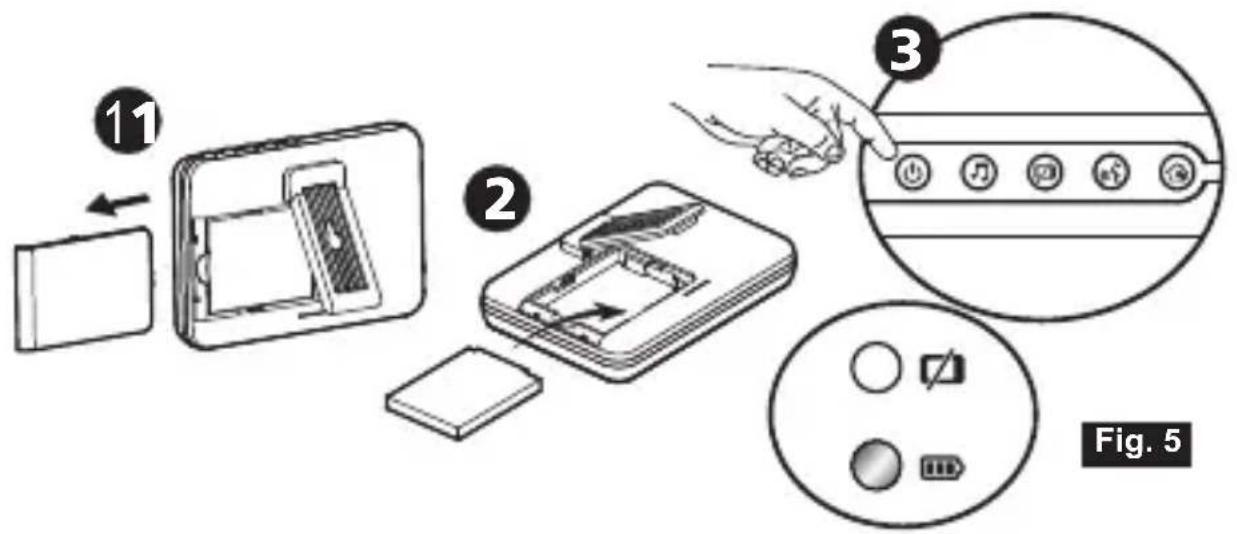 Diagram illustrating a device assembly process with numbered steps and labeled components including a device, battery pack, and control buttons.