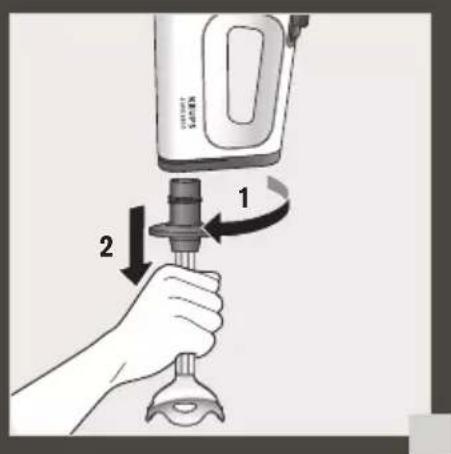 Diagram showing a hand using a blender to lift a tool, labeled with parts 1 and 2 indicating the process.