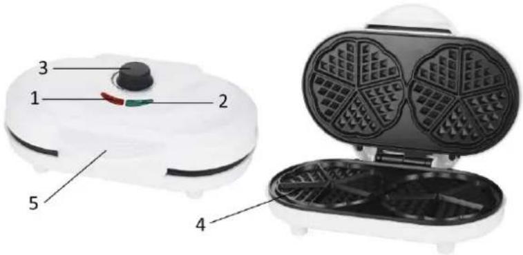 Labeled diagram of a white waffle oven showing internal components and parts numbered 1 to 5.