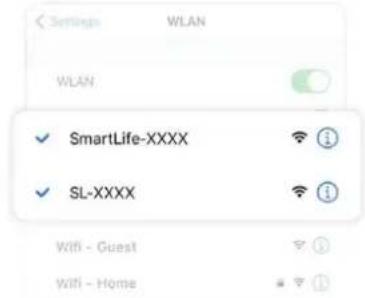 Settings WLAN WLAN ✓ SmartLife-XXXX ✓ SL-XXXX Wifi - Guest Wifi - Home