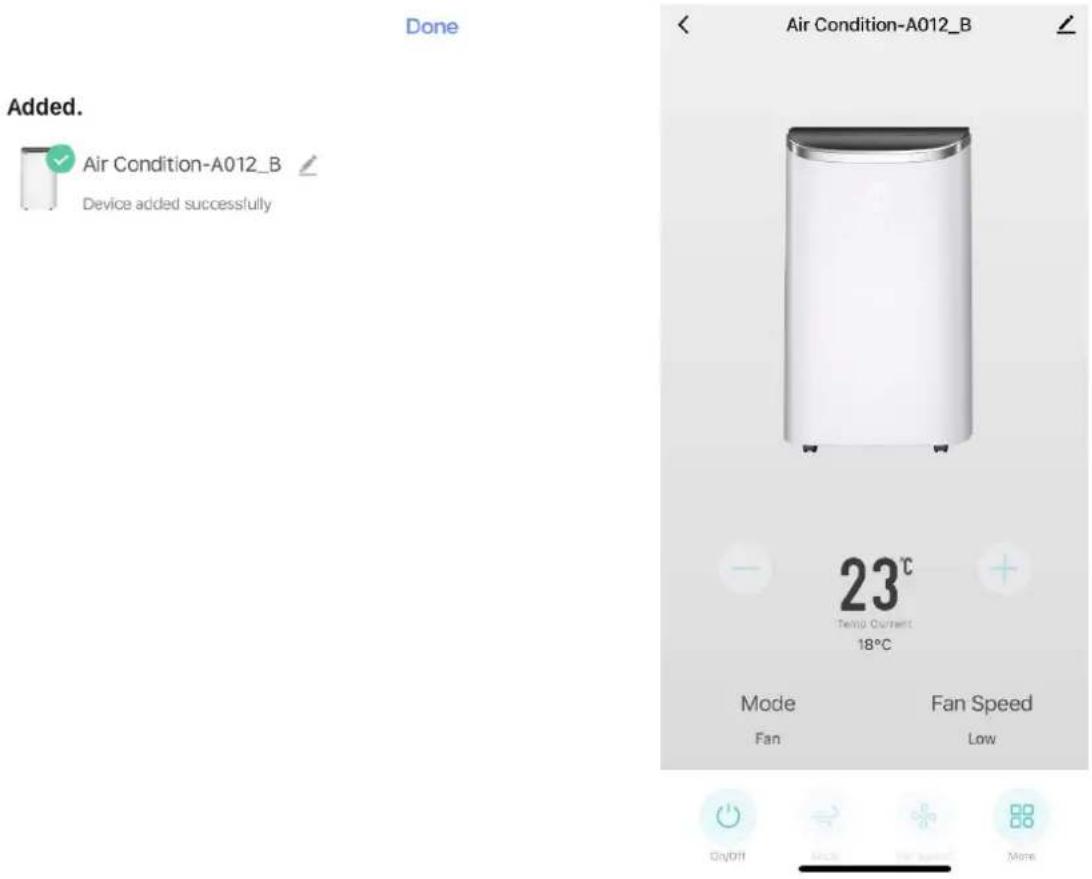 Done Air Condition-A012_B Added. Device added successfully Air Condition-A012_B 23°C Temp Current 18°C Mode Fan Fan Speed Low On/Off Quick Stop More